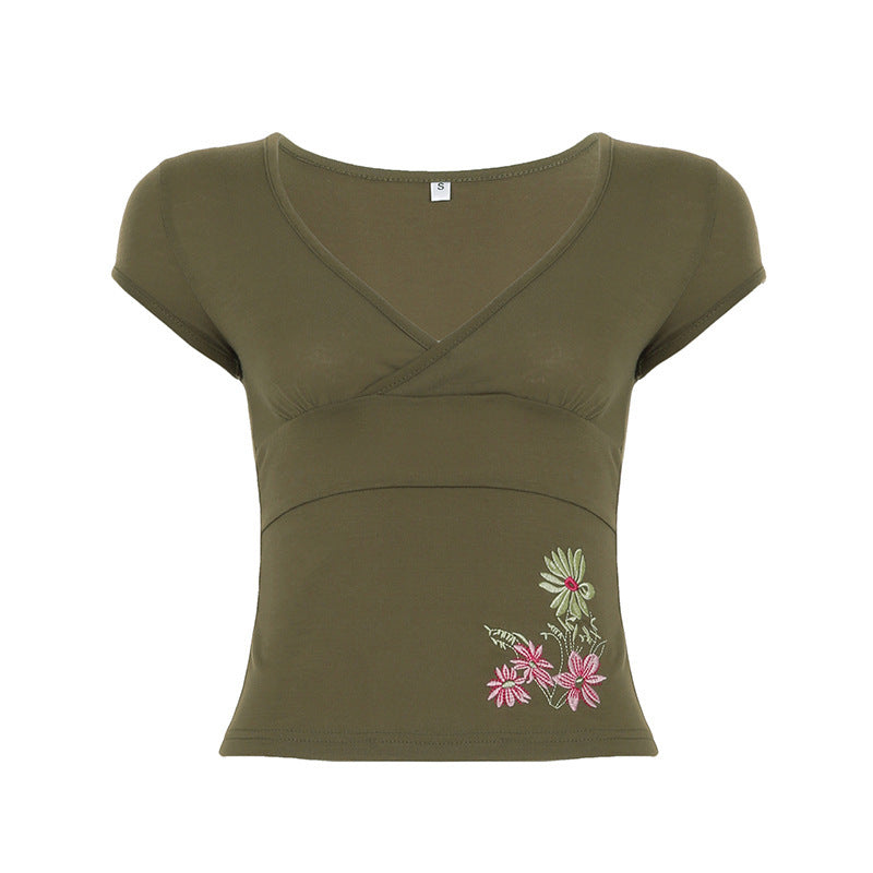 Printed V-neck Slim Fit Slimming Retro Basic Short Sleeve Top
