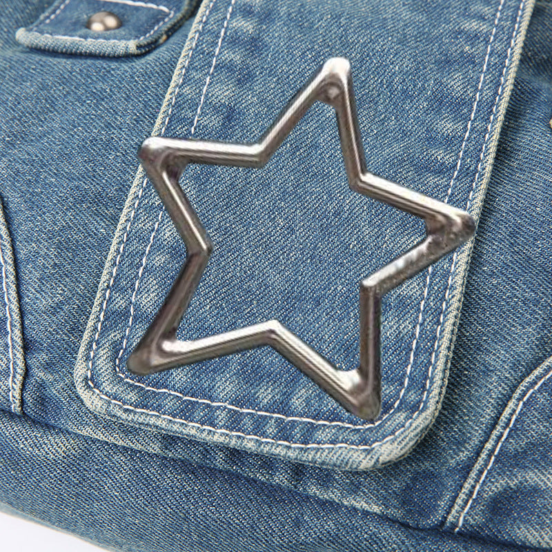 Fashion Retro Metal Five-pointed Star Decoration Denim Handbag For Women