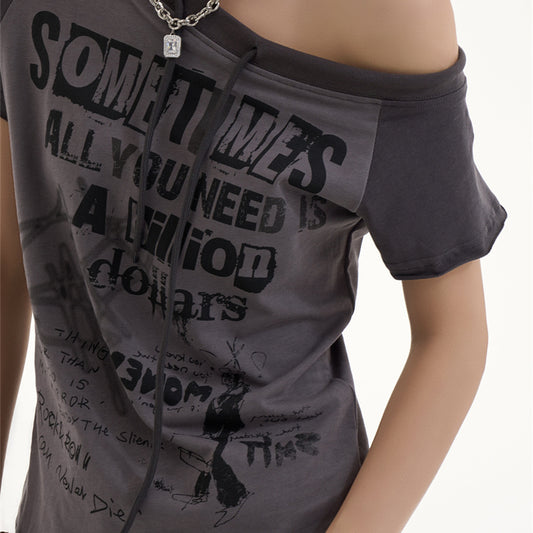 American Retro Slanted Letter Off the Shoulder Short Sleeved Shirt