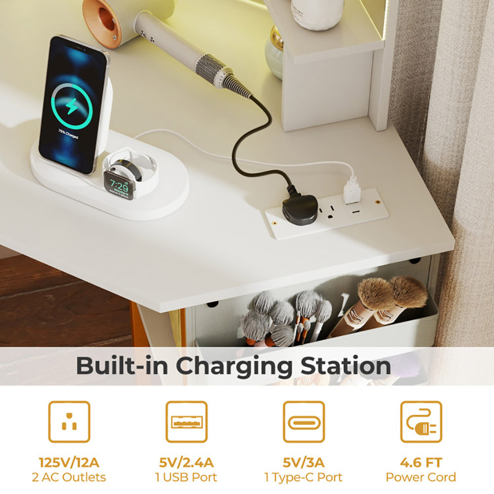 Corner Vanity Desk With Wide Mirror And Lights