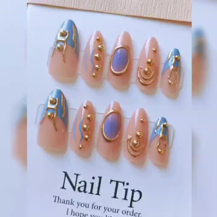 10pcs Handmade Y2K Elegant French Style Press-On Nails Set - Medium Almond Shape with 3D Gel Golden Inscriptions, Blue & Pink Gradient, Glossy Finish & Pearl Accents for a Chic Look
