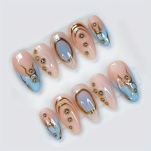 10pcs Handmade Y2K Elegant French Style Press-On Nails Set - Medium Almond Shape with 3D Gel Golden Inscriptions, Blue & Pink Gradient, Glossy Finish & Pearl Accents for a Chic Look