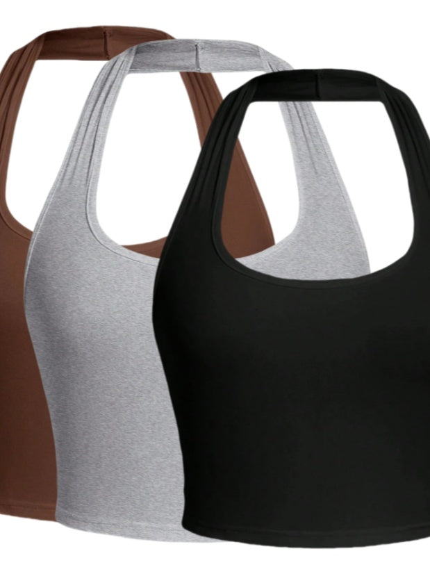 Solid Color Cropped Halter Neck Slim Fit Tank Top 3PC Set