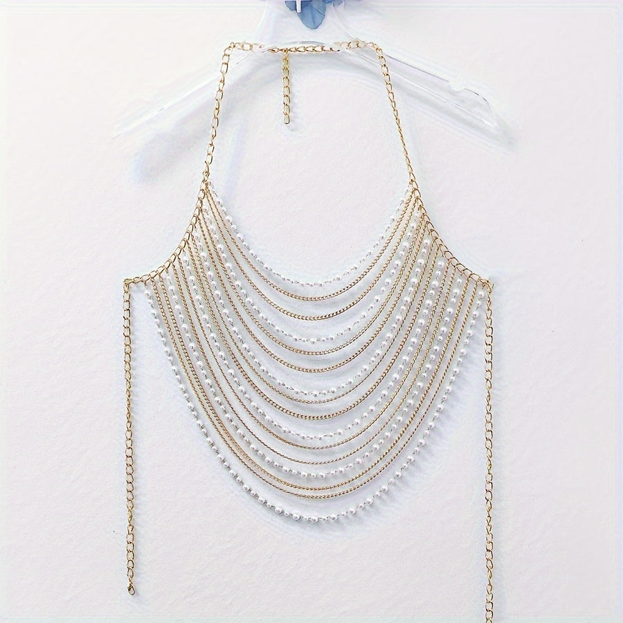 Y2K -Tone Fringe Chain Punk Body Chains for Women, Aluminum Alloy, Multi-Layer Pearl Detail, No Plating, Versatile for Parties & Music Festivals