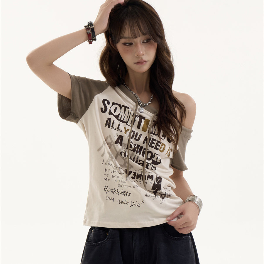 American Retro Slanted Letter Off the Shoulder Short Sleeved Shirt