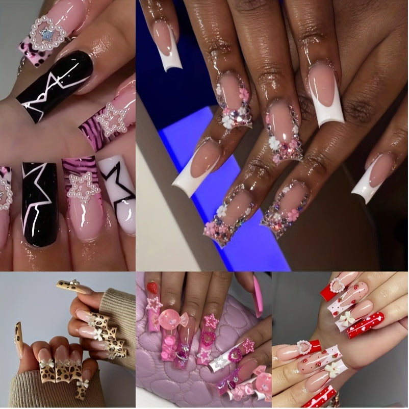 120pcs Long Square Press On Nails Set - Vibrant Leopard, Butterfly, Bow Knot, Y2K French Tip, Heart Full Cove Designs - High-Quality False Nails for Women and Girls, Easy to Apply, Long-Lasting, and Reusable