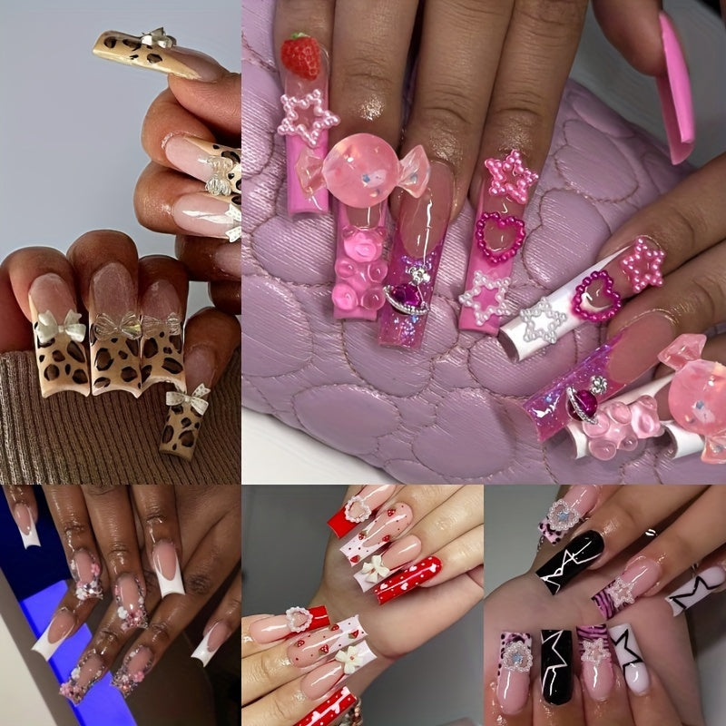 120pcs Long Square Press On Nails Set - Vibrant Leopard, Butterfly, Bow Knot, Y2K French Tip, Heart Full Cove Designs - High-Quality False Nails for Women and Girls, Easy to Apply, Long-Lasting, and Reusable