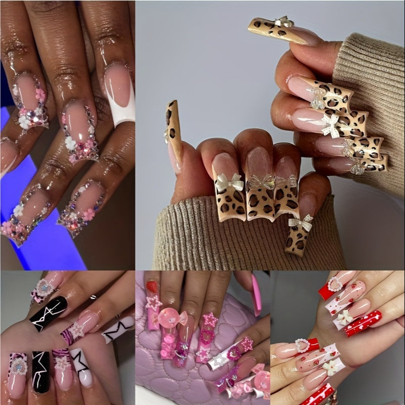 120pcs Long Square Press On Nails Set - Vibrant Leopard, Butterfly, Bow Knot, Y2K French Tip, Heart Full Cove Designs - High-Quality False Nails for Women and Girls, Easy to Apply, Long-Lasting, and Reusable