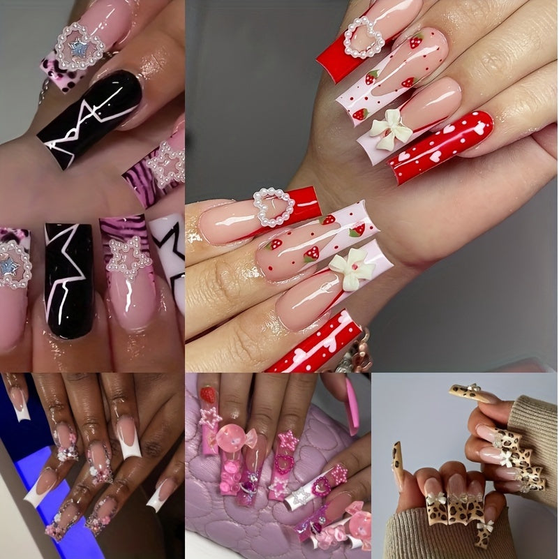 120pcs Long Square Press On Nails Set - Vibrant Leopard, Butterfly, Bow Knot, Y2K French Tip, Heart Full Cove Designs - High-Quality False Nails for Women and Girls, Easy to Apply, Long-Lasting, and Reusable