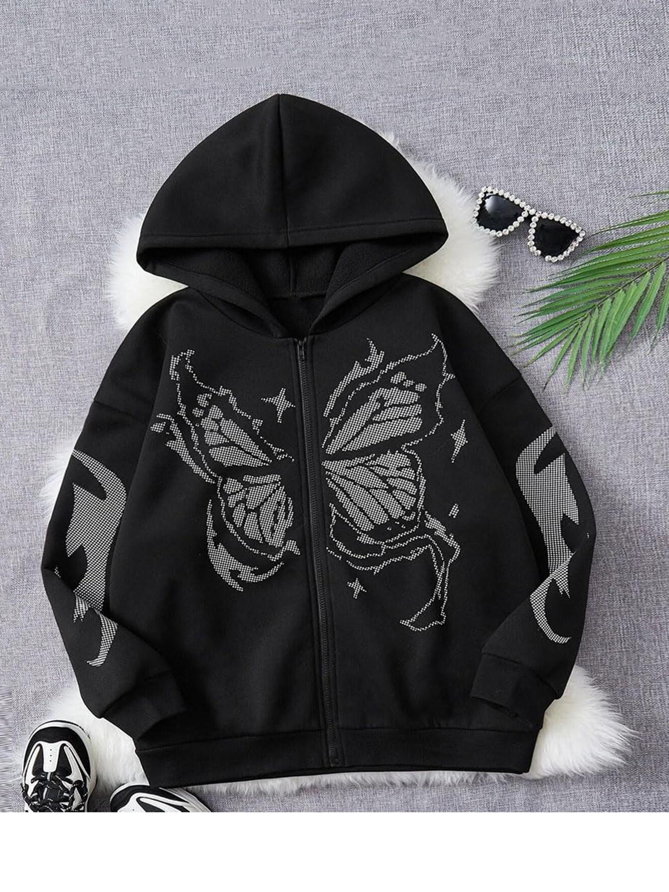 Tooluck Y2K Zip Hoodie Butterfly Retro Oversized Sweatshirt 90s Top Goth Harajuku Sweatshirt Fall