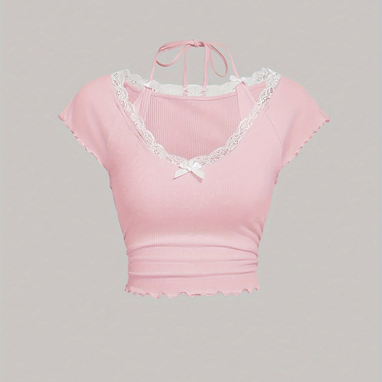 [Lace Decor Contrast T-shirt] Contrast Lace Bow Decor T-shirt, Y2K Lettuce Trim Short Sleeve Top For Spring & Summer, Women's Clothing