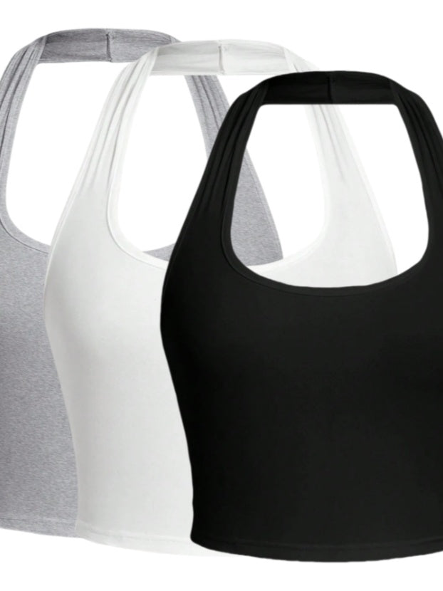 Solid Color Cropped Halter Neck Slim Fit Tank Top 3PC Set