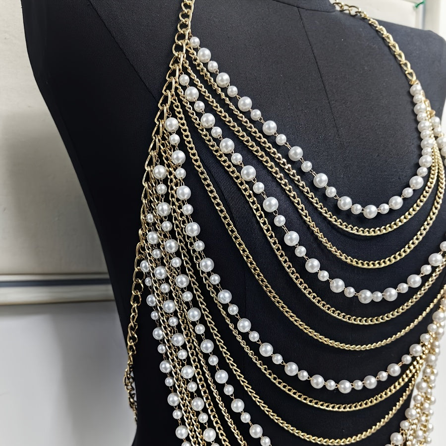 Y2K -Tone Fringe Chain Punk Body Chains for Women, Aluminum Alloy, Multi-Layer Pearl Detail, No Plating, Versatile for Parties & Music Festivals