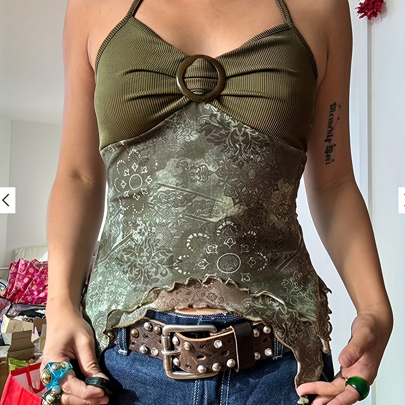 Y2K Tribal Print Green Cami Top with Metal Buckle and Ruched Halter Neck, Polyester Spandex Blend, High Stretch Knit Fabric, Pullover Slingback Style for Spring/Summer/Fall