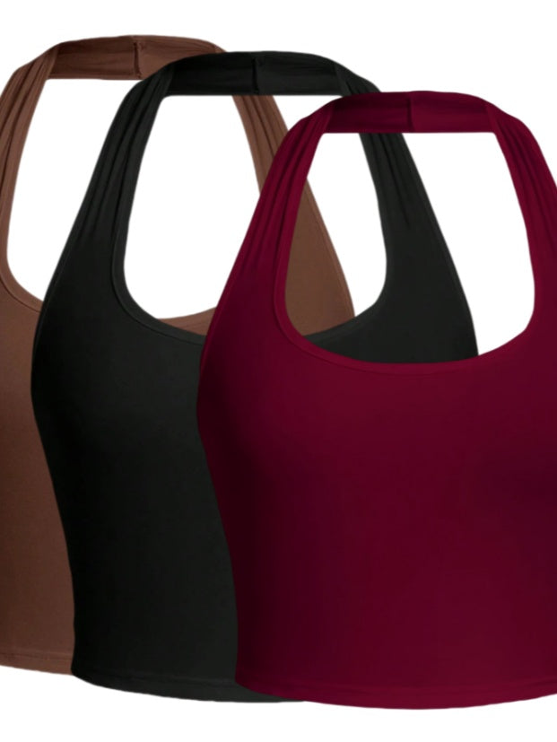 Solid Color Cropped Halter Neck Slim Fit Tank Top 3PC Set