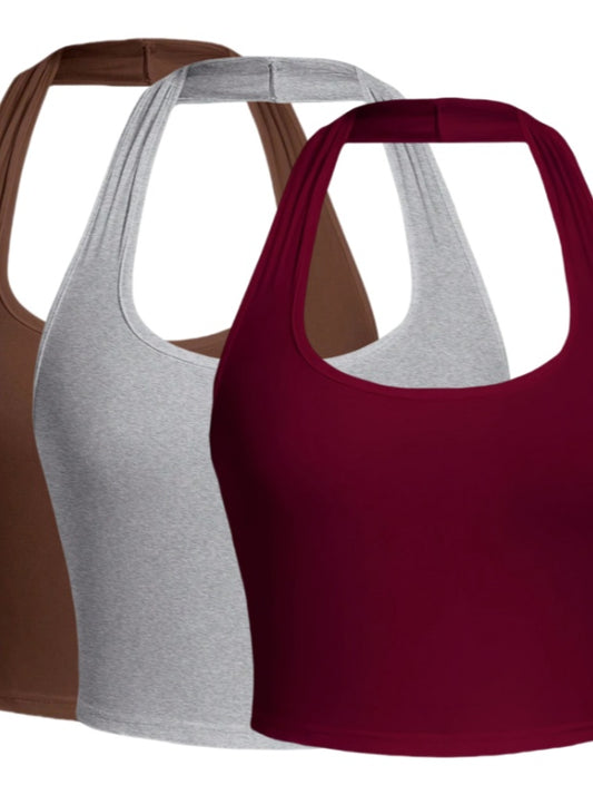 Solid Color Cropped Halter Neck Slim Fit Tank Top 3PC Set
