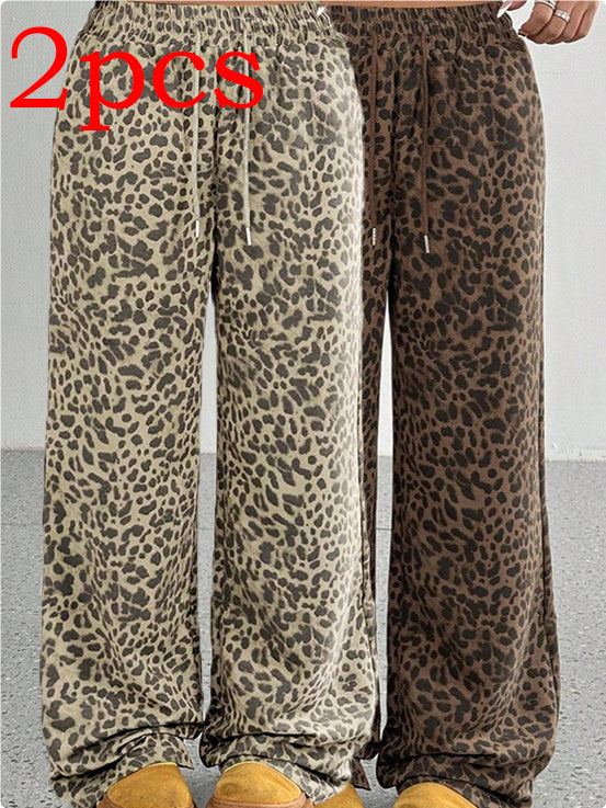 Leopard Print Casual Wide Leg Loose Sweatpants