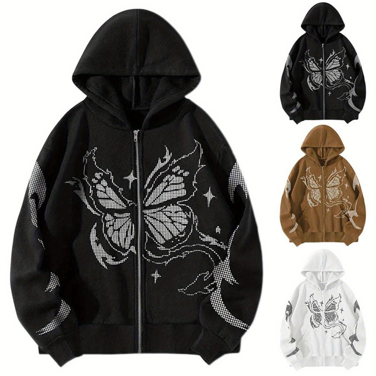 Tooluck Y2K Zip Hoodie Butterfly Retro Oversized Sweatshirt 90s Top Goth Harajuku Sweatshirt Fall