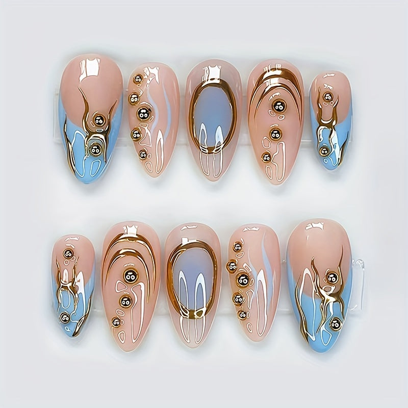 10pcs Handmade Y2K Elegant French Style Press-On Nails Set - Medium Almond Shape with 3D Gel Golden Inscriptions, Blue & Pink Gradient, Glossy Finish & Pearl Accents for a Chic Look