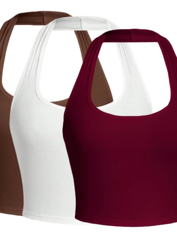 Solid Color Cropped Halter Neck Slim Fit Tank Top 3PC Set