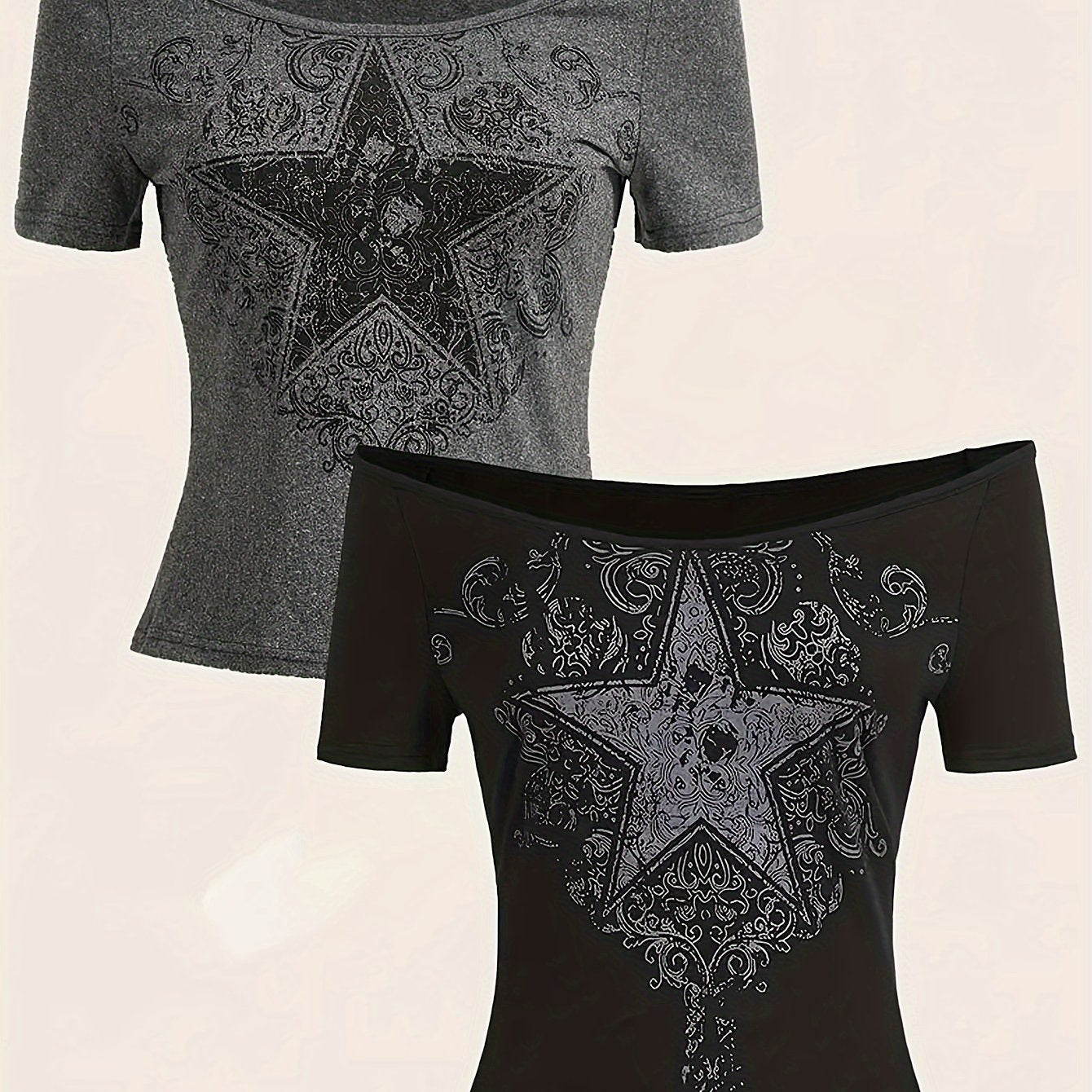 Star Print Off-shoulder Top 2 Packs, Y2K Short Sleeve Slim Top For Spring & Summer, Women's Clothing