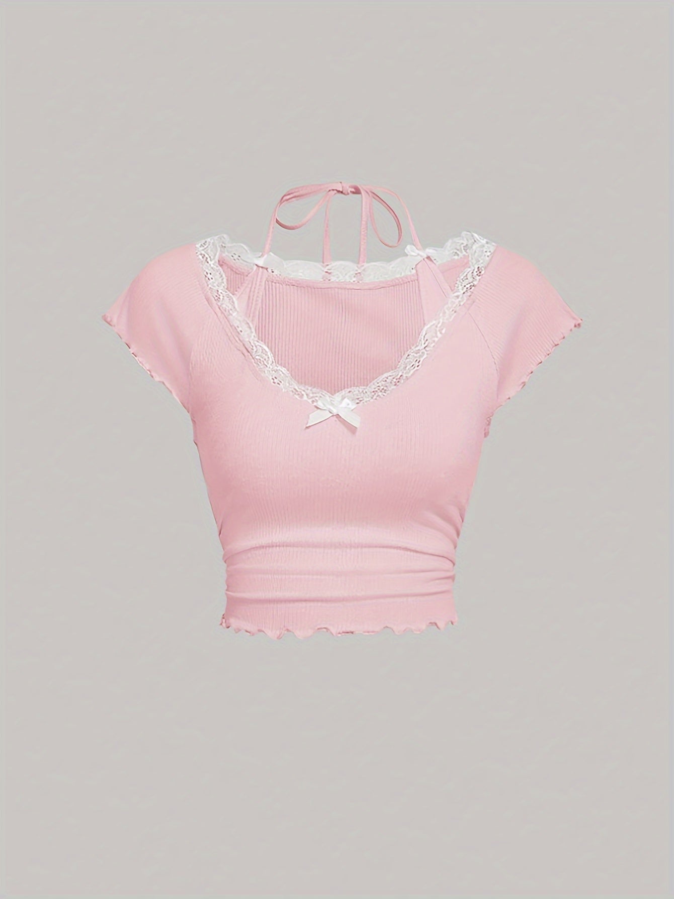 [Lace Decor Contrast T-shirt] Contrast Lace Bow Decor T-shirt, Y2K Lettuce Trim Short Sleeve Top For Spring & Summer, Women's Clothing