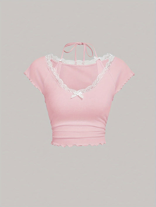 [Lace Decor Contrast T-shirt] Contrast Lace Bow Decor T-shirt, Y2K Lettuce Trim Short Sleeve Top For Spring & Summer, Women's Clothing