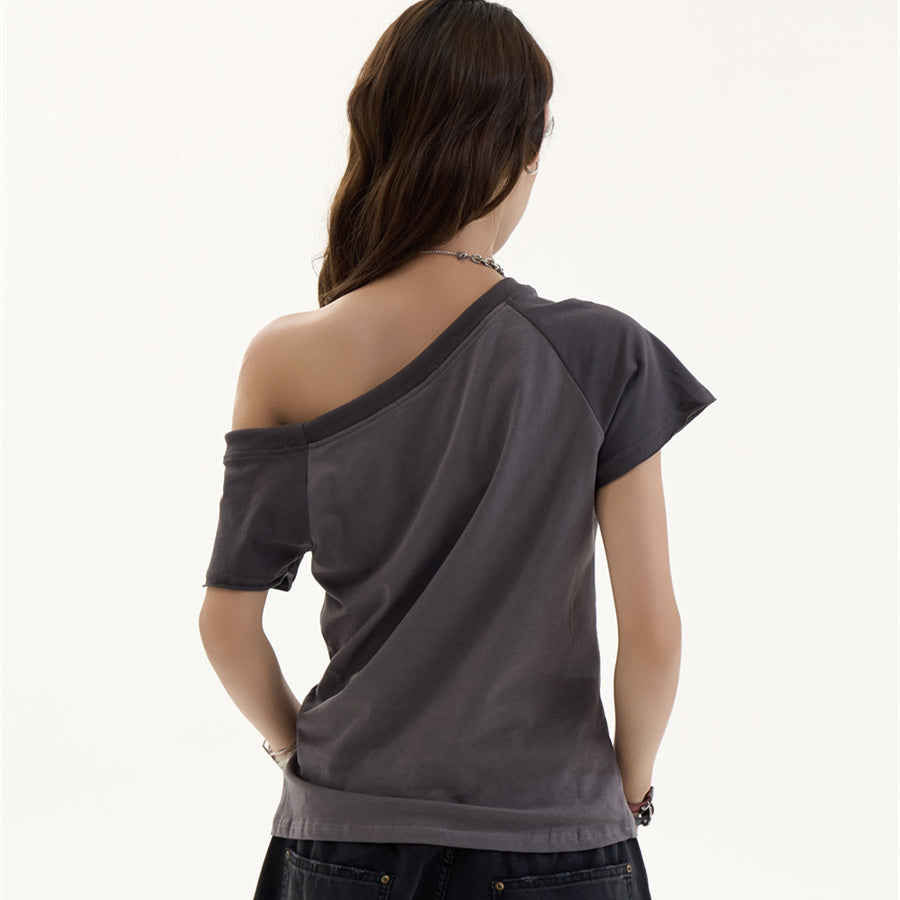 American Retro Slanted Letter Off the Shoulder Short Sleeved Shirt