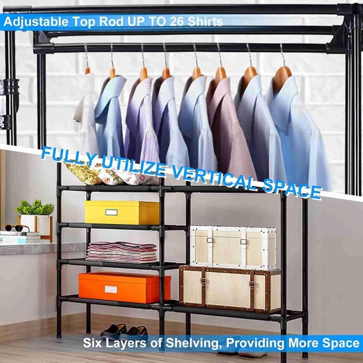 Heavy-Duty Double Rod Garment Rack with Shelves