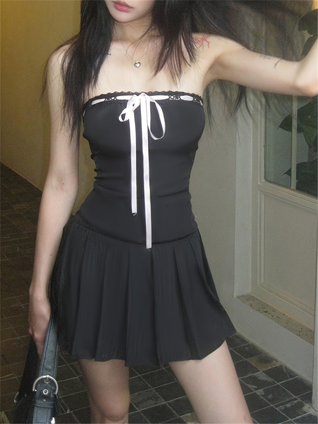 Chic Y2K Strapless Flare Tube Dress - Tied Neck, Pleated Bodice, Perfect for Spring & Summer - Womens Casual Fashion Staple