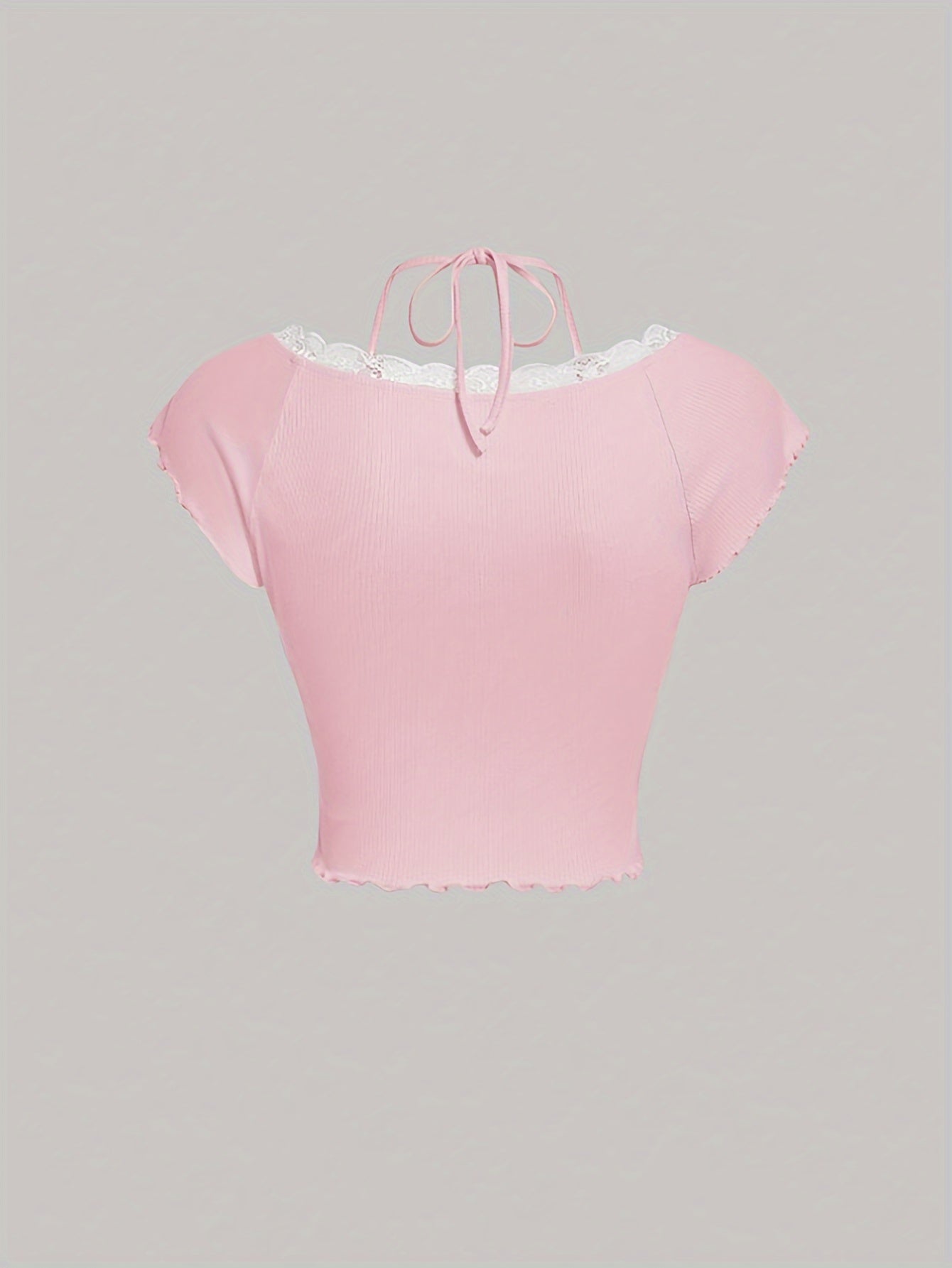 [Lace Decor Contrast T-shirt] Contrast Lace Bow Decor T-shirt, Y2K Lettuce Trim Short Sleeve Top For Spring & Summer, Women's Clothing