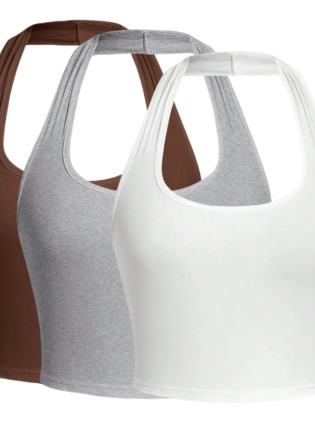 Solid Color Cropped Halter Neck Slim Fit Tank Top 3PC Set