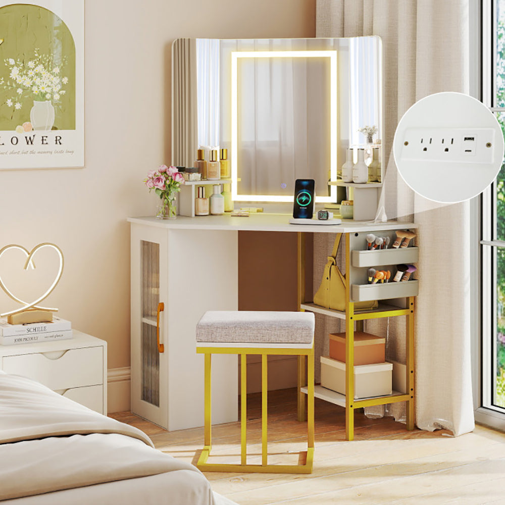 Corner Vanity Desk With Wide Mirror And Lights