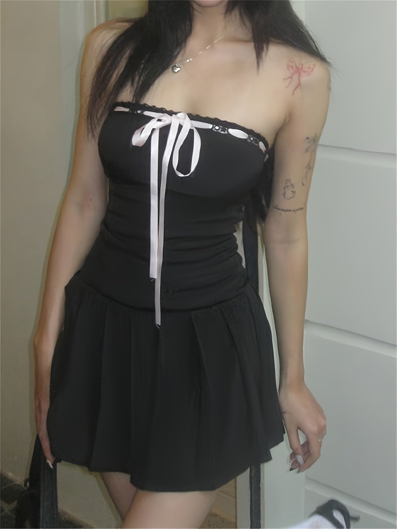 Chic Y2K Strapless Flare Tube Dress - Tied Neck, Pleated Bodice, Perfect for Spring & Summer - Womens Casual Fashion Staple