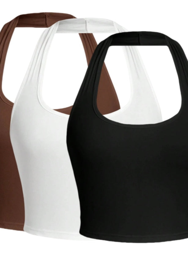 Solid Color Cropped Halter Neck Slim Fit Tank Top 3PC Set