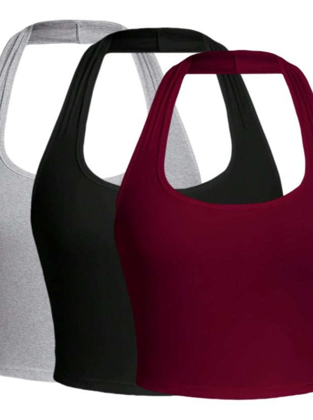 Solid Color Cropped Halter Neck Slim Fit Tank Top 3PC Set
