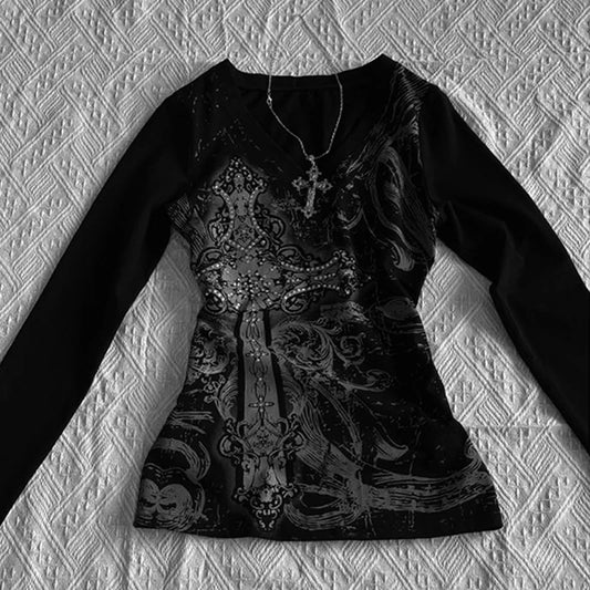 Fashionable Retro Gothic T-shirt Women's Y2k Black Punk Pattern T-shirt Grunge Sexy American V-neck T-shirt Hip Hop Harajuku Top