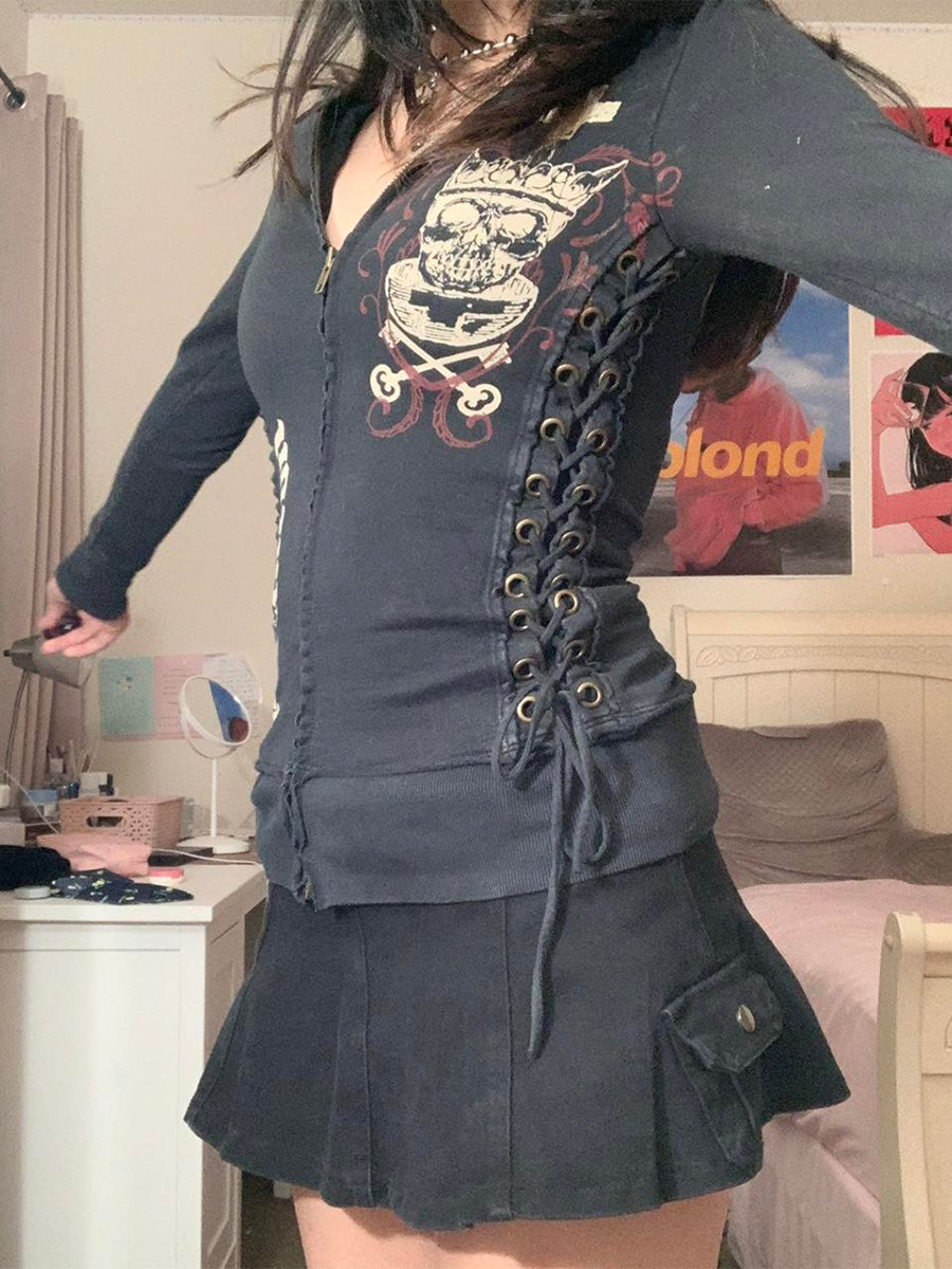 Women s Spring Autumn Casual Bandage Hoodie Long Sleeve Pattern Print Zipper Outerwear