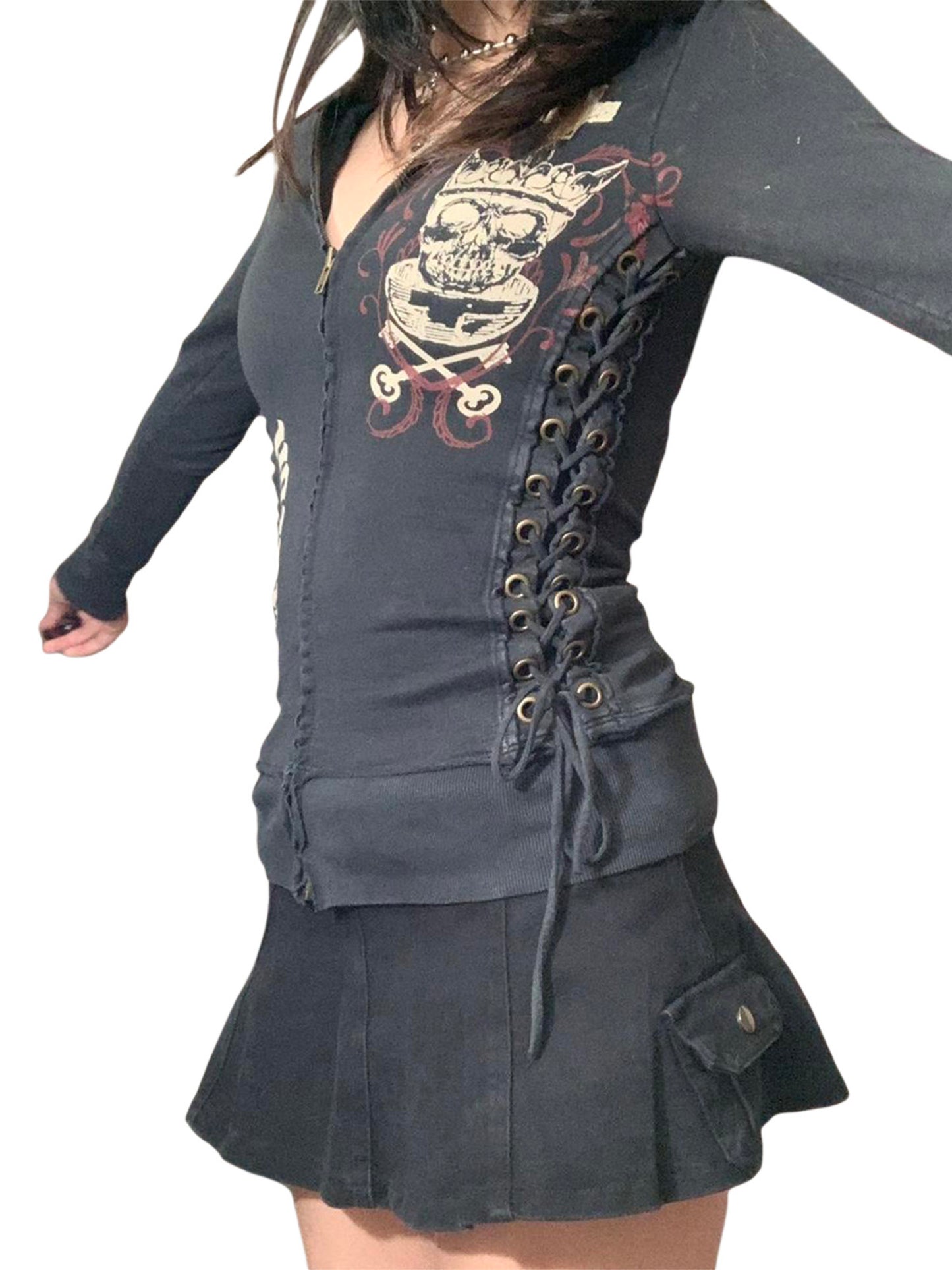 Women s Spring Autumn Casual Bandage Hoodie Long Sleeve Pattern Print Zipper Outerwear