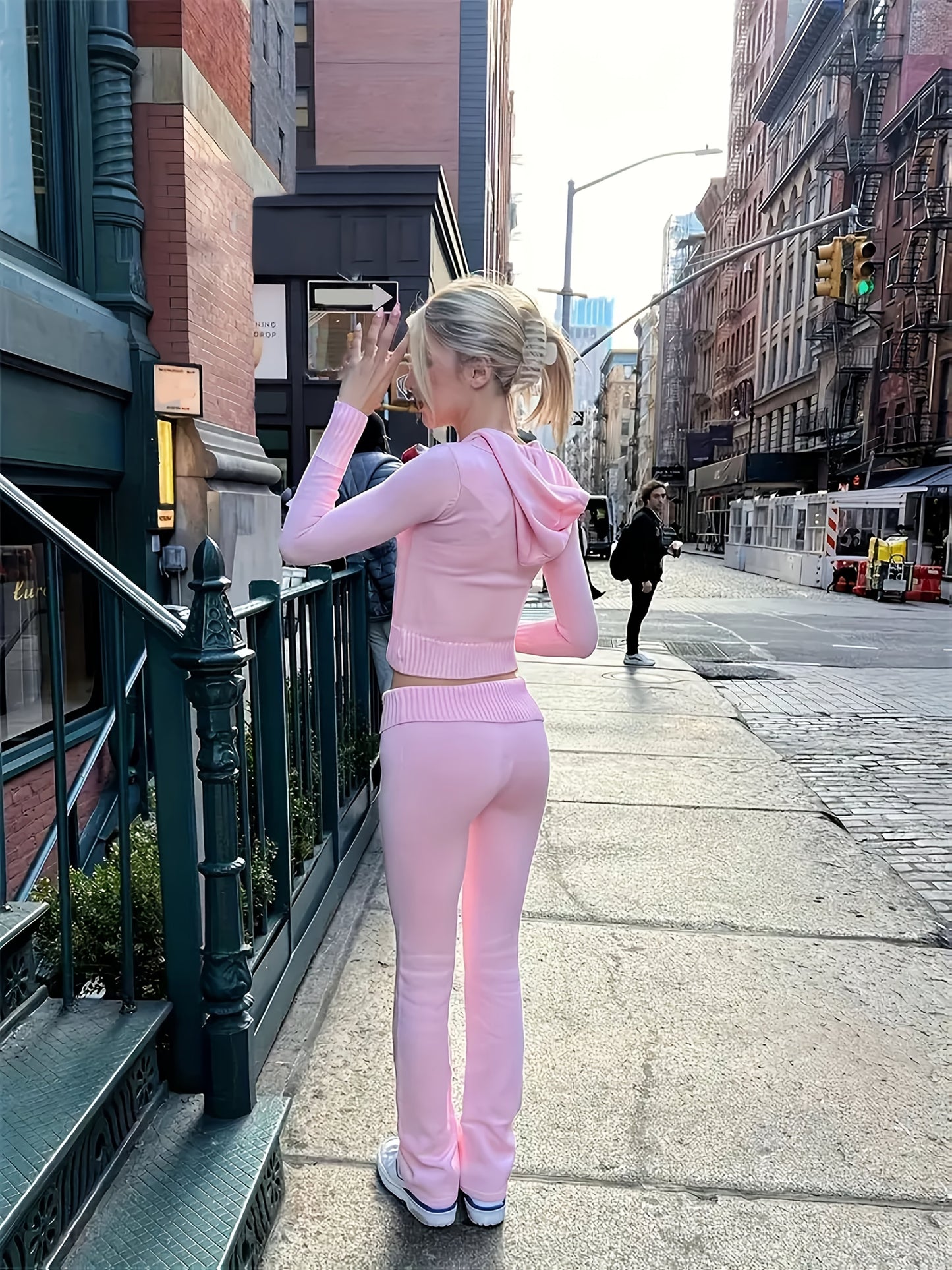 Y2K Knitted Two-piece Set, Long Sleeve Zip Up Crop Hoodie & Pants - Women's Clothing - Trendy & Stylish - For Fashionable Women - Perfect Gift for Teens & Young Adults