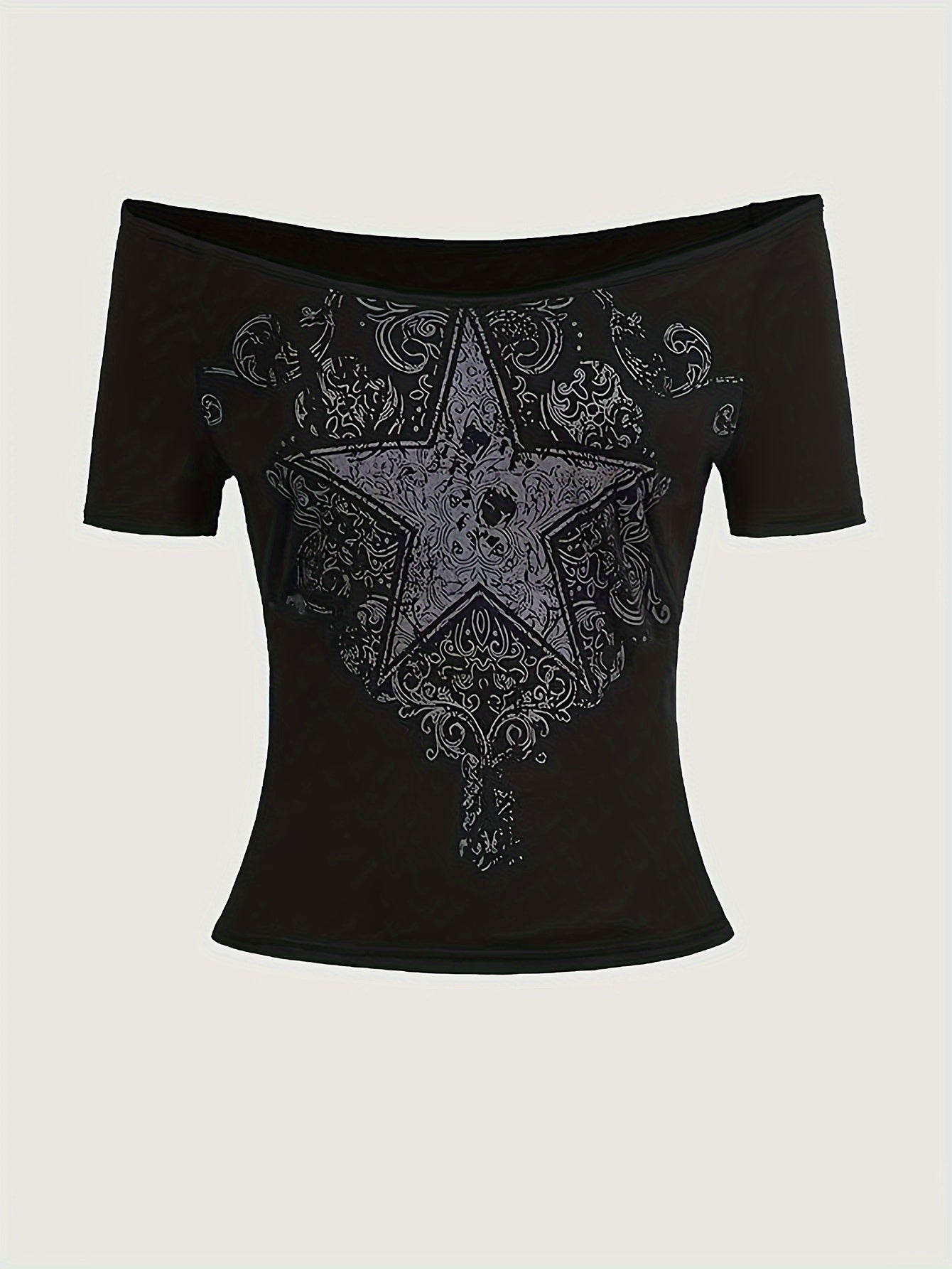 Star Print Off-shoulder Top 2 Packs, Y2K Short Sleeve Slim Top For Spring & Summer, Women's Clothing