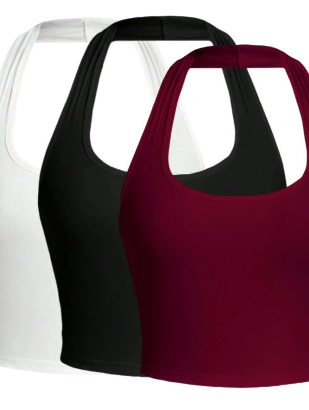 Solid Color Cropped Halter Neck Slim Fit Tank Top 3PC Set