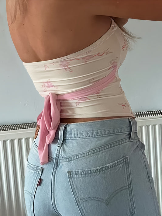 Vibrant Floral Print Slim Fit Bandeau Tube Top - Y2K Inspired, Sleeveless, Backless, Mid Elasticity, Machine Washable - Perfect for Summer