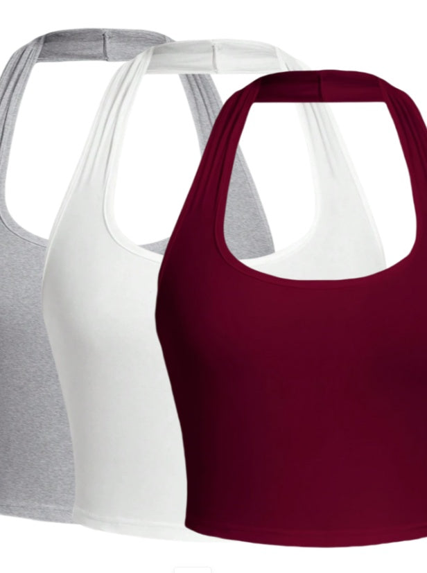 Solid Color Cropped Halter Neck Slim Fit Tank Top 3PC Set