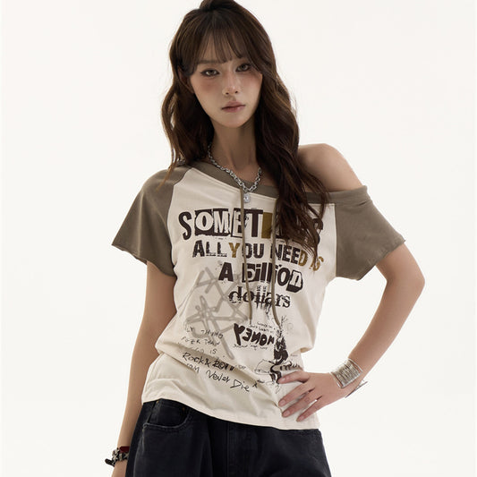 American Retro Slanted Letter Off the Shoulder Short Sleeved Shirt
