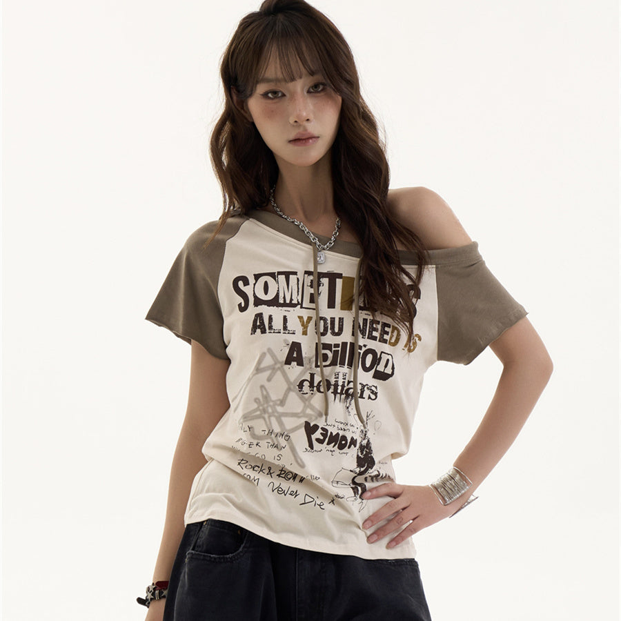 American Retro Slanted Letter Off the Shoulder Short Sleeved Shirt