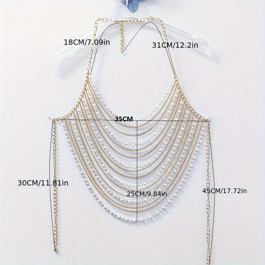 Y2K -Tone Fringe Chain Punk Body Chains for Women, Aluminum Alloy, Multi-Layer Pearl Detail, No Plating, Versatile for Parties & Music Festivals