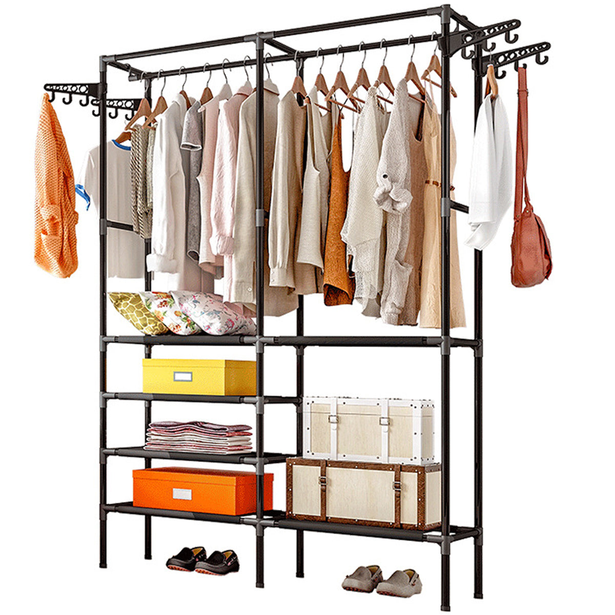 Heavy-Duty Double Rod Garment Rack with Shelves