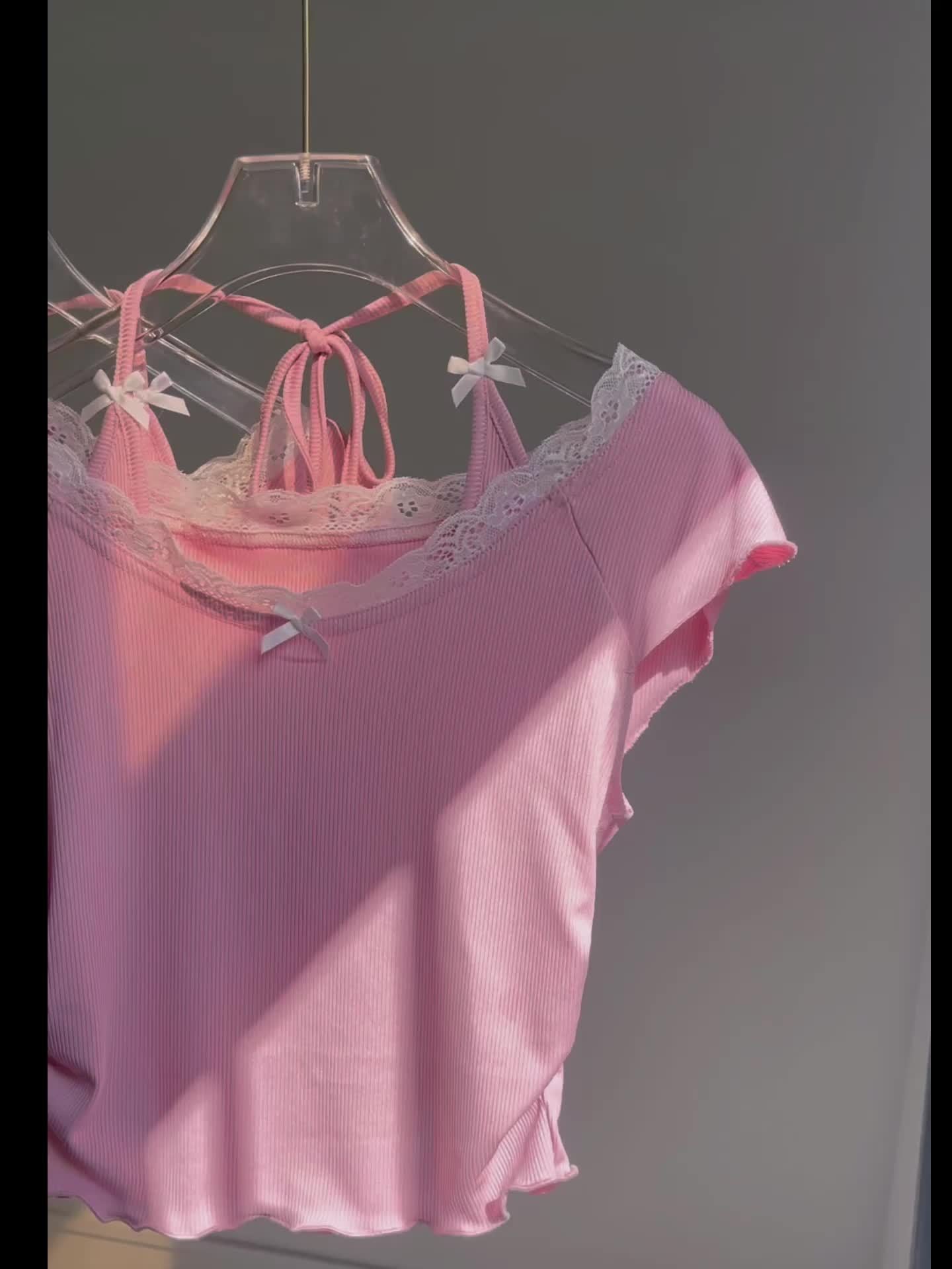 [Lace Decor Contrast T-shirt] Contrast Lace Bow Decor T-shirt, Y2K Lettuce Trim Short Sleeve Top For Spring & Summer, Women's Clothing