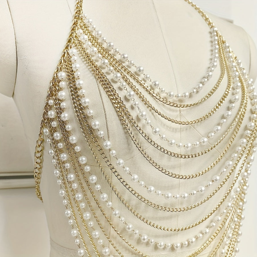 Y2K -Tone Fringe Chain Punk Body Chains for Women, Aluminum Alloy, Multi-Layer Pearl Detail, No Plating, Versatile for Parties & Music Festivals